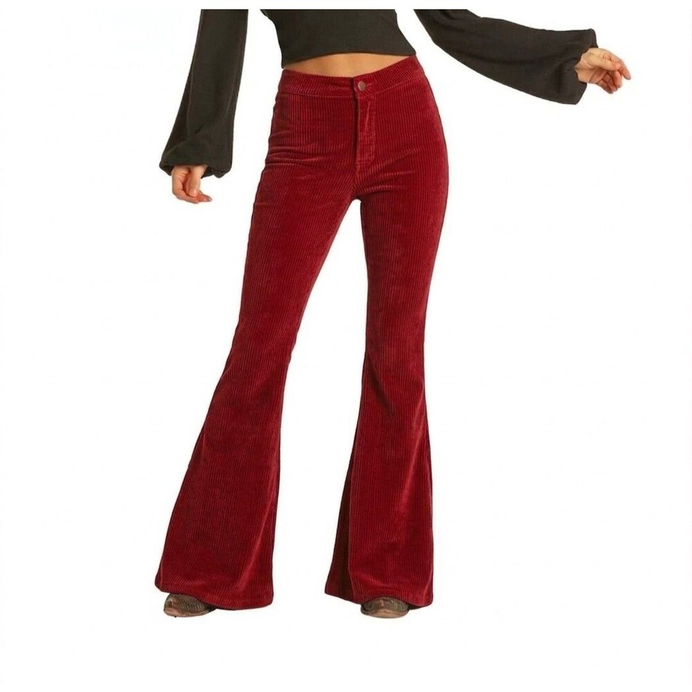 Rock Roll Denim Red Flare Bell Bottom Coduroy Pant 29 Witchy Western Holidays